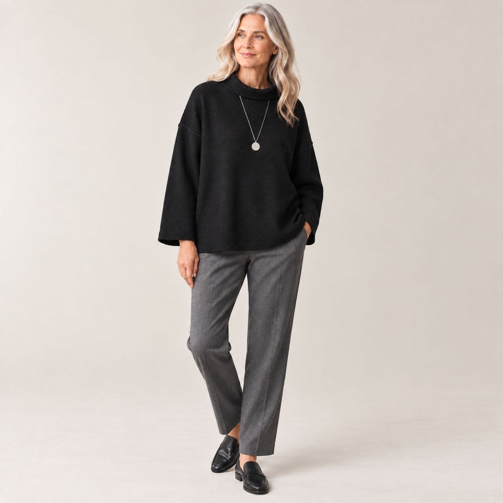 NWT Eileen Fisher Lightweight Boiled Wool Funnel Neck Top Black Size Medium